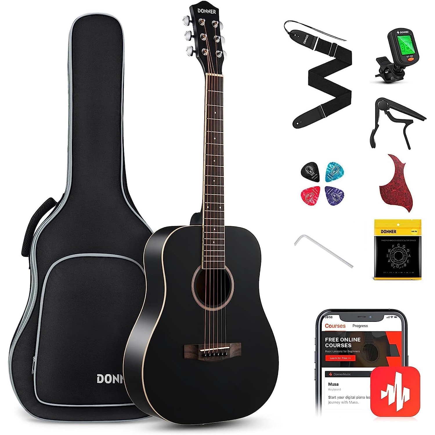 Donner DAT-110D Dreadnought Travel Akustik Gitar Seti (Siyah) 1