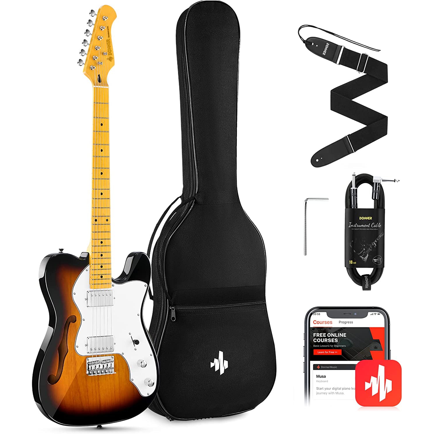Donner DJC-1000S TL Thinline F Hole Elektro Gitar Paketi (Sunburst) 1