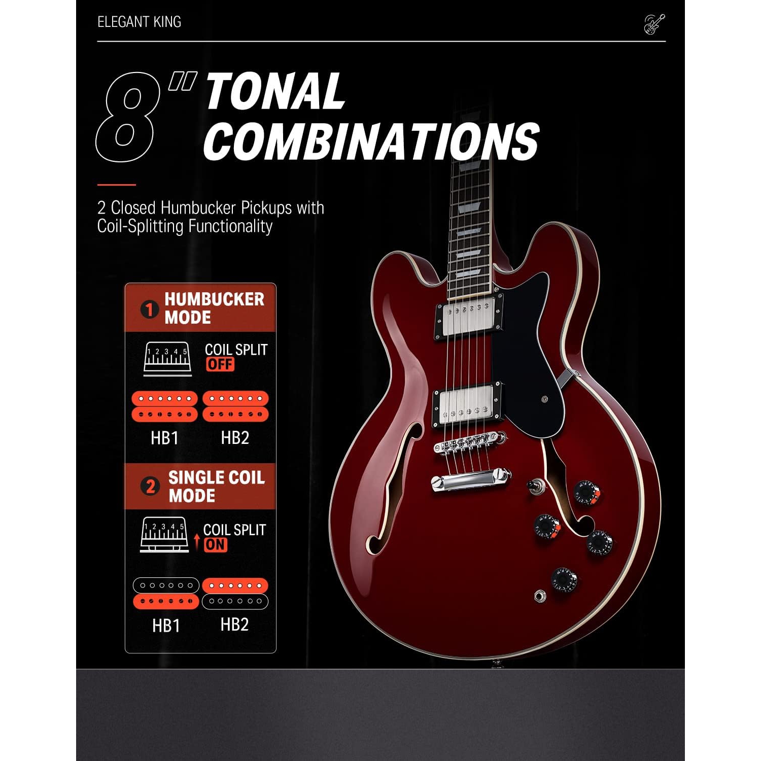 Donner DJP-1000 Semi-Hollow Elektro Gitar (Kırmızı) 5