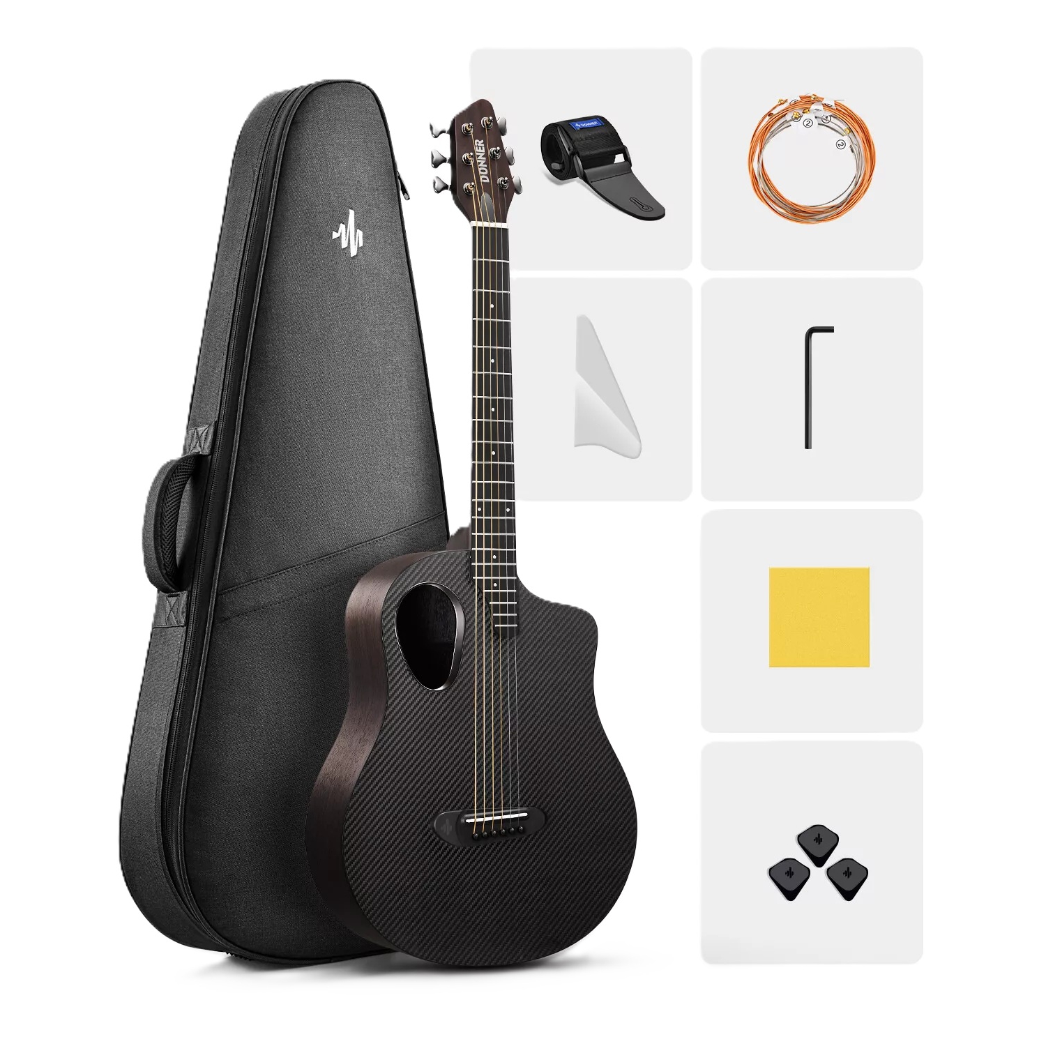 Donner RISING-G1 Carbon Fiber Akustik Gitar Seti (Mat Siyah) 1