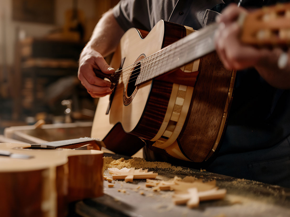 Atölyede enstrüman ayarı yapan usta luthier